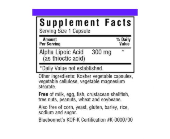 Антиоксидант Bluebonnet Nutrition Альфа-ліпоєва кислота 300 мг, 30 рослинних капсул (BLB0853), зображення 2 Антиоксидант Bluebonnet Nutrition Альфа-ліпоєва кислота 300 мг, 30 рослинних капсул (BLB0853), зображення 2