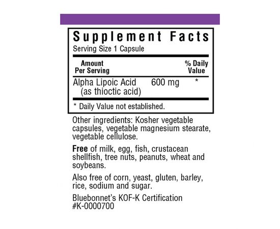 Антиоксидант Bluebonnet Nutrition Альфа-ліпоєва кислота 600 мг, 30 рослинних капсул (BLB0855), зображення 2 Антиоксидант Bluebonnet Nutrition Альфа-ліпоєва кислота 600 мг, 30 рослинних капсул (BLB0855), зображення 2