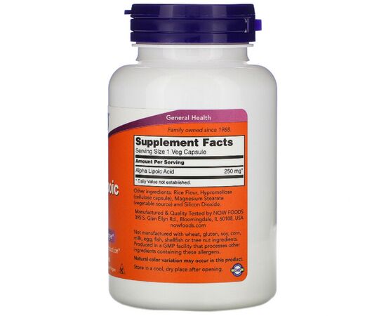 Антиоксидант Now Foods Альфа-липоевая кислота 250 мг, Alpha Lipoic Acid, 120 капсу (NOW-03043), изображение 2 Антиоксидант Now Foods Альфа-липоевая кислота 250 мг, Alpha Lipoic Acid, 120 капсу (NOW-03043), изображение 2