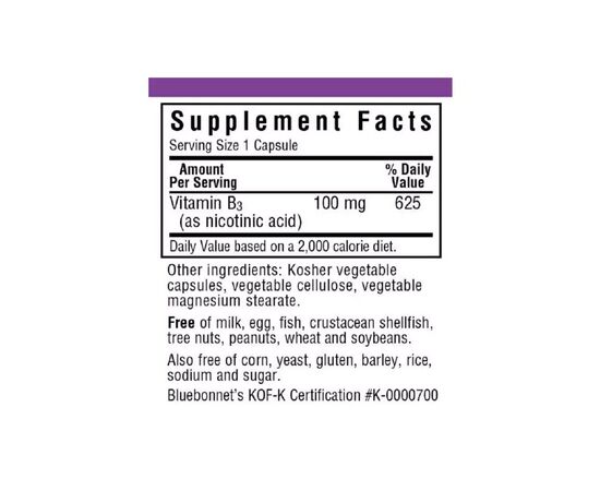 Витамин Bluebonnet Nutrition Ниaцин (В3) 100мг, 90 вегетарианских капсул (BLB0459), изображение 2 Витамин Bluebonnet Nutrition Ниaцин (В3) 100мг, 90 вегетарианских капсул (BLB0459), изображение 2