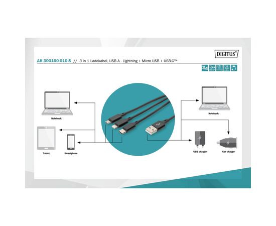 Дата кабель USB 2.0 AM to Lightning + Micro 5P + Type-C 1.0m charge only Digitus (AK-300160-010-S), изображение 7 Дата кабель USB 2.0 AM to Lightning + Micro 5P + Type-C 1.0m charge only Digitus (AK-300160-010-S), изображение 7