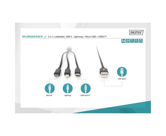 Дата кабель USB 2.0 AM to Lightning + Micro 5P + Type-C 1.0m charge only Digitus (AK-300160-010-S), изображение 8 Дата кабель USB 2.0 AM to Lightning + Micro 5P + Type-C 1.0m charge only Digitus (AK-300160-010-S), изображение 8