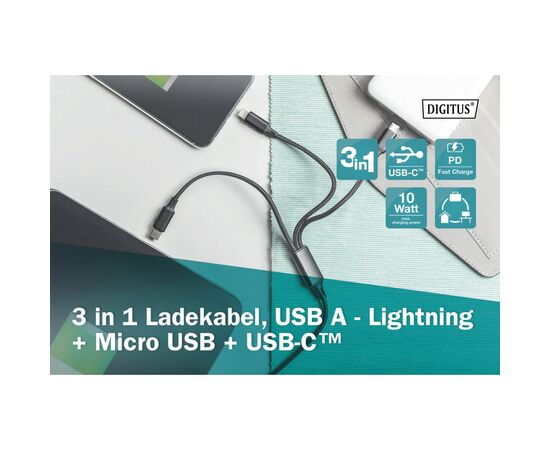 Дата кабель USB 2.0 AM to Lightning + Micro 5P + Type-C 1.0m charge only Digitus (AK-300160-010-S), изображение 9 Дата кабель USB 2.0 AM to Lightning + Micro 5P + Type-C 1.0m charge only Digitus (AK-300160-010-S), изображение 9