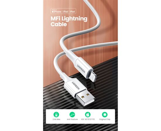 Дата кабель USB 2.0 AM to Lightning 2.0m US155 2.4A, Nickel Plating ABS Shell White Ugreen (20730), изображение 2 Дата кабель USB 2.0 AM to Lightning 2.0m US155 2.4A, Nickel Plating ABS Shell White Ugreen (20730), изображение 2