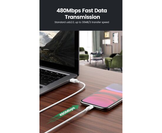 Дата кабель USB 2.0 AM to Lightning 2.0m US155 2.4A, Nickel Plating ABS Shell White Ugreen (20730), изображение 4 Дата кабель USB 2.0 AM to Lightning 2.0m US155 2.4A, Nickel Plating ABS Shell White Ugreen (20730), изображение 4