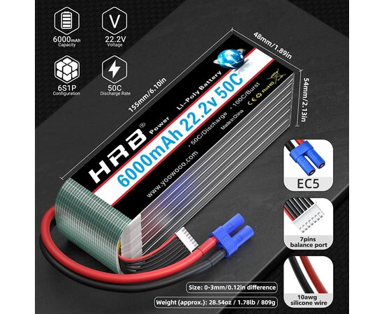 Аккумулятор для дрона HRB Lipo 6s 22.2V 6000mAh 50C Battery (HR-6000MAH-6S-50C), изображение 3 Аккумулятор для дрона HRB Lipo 6s 22.2V 6000mAh 50C Battery (HR-6000MAH-6S-50C), изображение 3