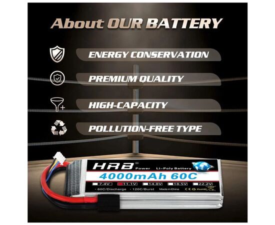 Аккумулятор для дрона HRB Lipo 3s 11.1V 4000mAh 60C Battery (Weight under 300g) (HR-4000MAH-3S-60C), изображение 2 Аккумулятор для дрона HRB Lipo 3s 11.1V 4000mAh 60C Battery (Weight under 300g) (HR-4000MAH-3S-60C), изображение 2
