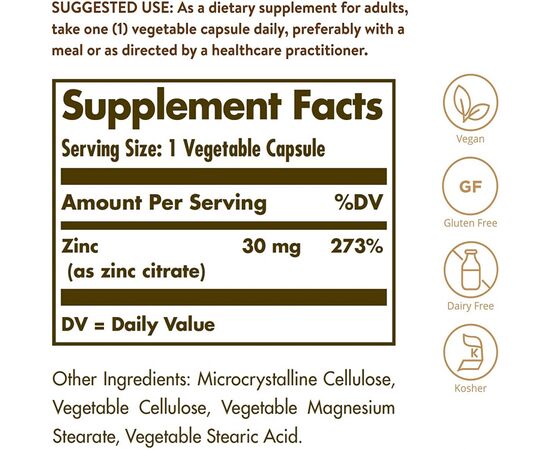 Мінерали Solgar Цинк цитрат, 30 мг, Zinc Citrate, 100 вегетаріанських капсул (SOL03670), зображення 2