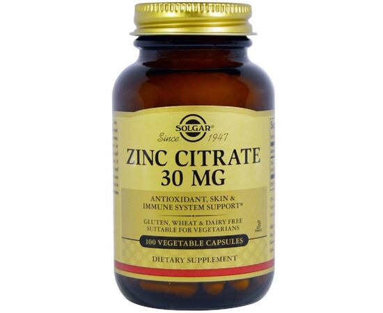 Мінерали Solgar Цинк цитрат, 30 мг, Zinc Citrate, 100 вегетаріанських капсул (SOL03670)
