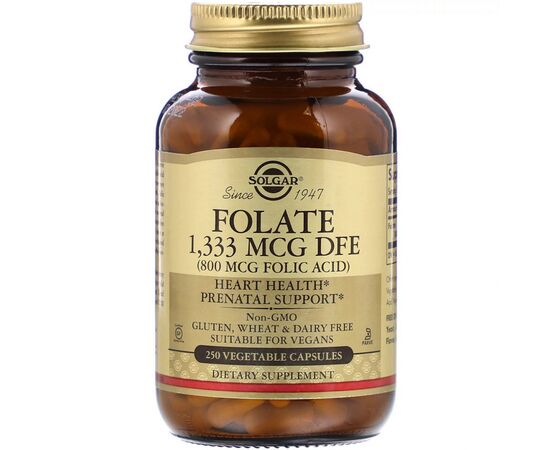 Вітамін Solgar Фолат (В9), Folic Acid, 800 мкг, 250 рослинних капсул (SOL-01101)