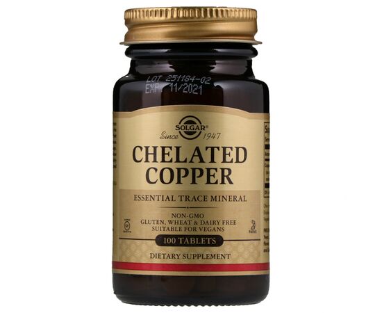Мінерали Solgar Хелатний Мідь, Chelated Copper, 100 таблеток (SOL-00640)