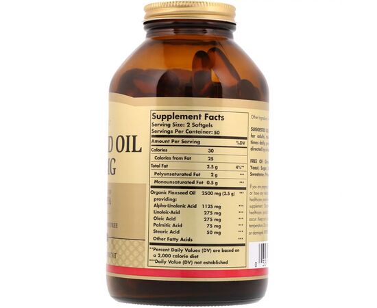 Травы Solgar Льняное Масло, Flaxseed Oil, 1250 мг, 100 гелевых капсул (SOL01070), изображение 2