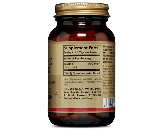 Амінокислота Solgar Таурин, Taurine, 500 мг, 100 вегетаріанських капсул (SOL02701), зображення 2 Амінокислота Solgar Таурин, Taurine, 500 мг, 100 вегетаріанських капсул (SOL02701), зображення 2