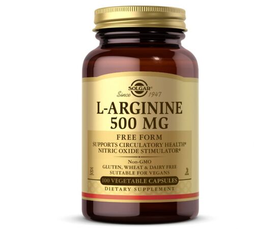 Амінокислота Solgar L-Аргінін 500 мг, L-Arginine, 100 вегетаріанських капсул (SOL00141)