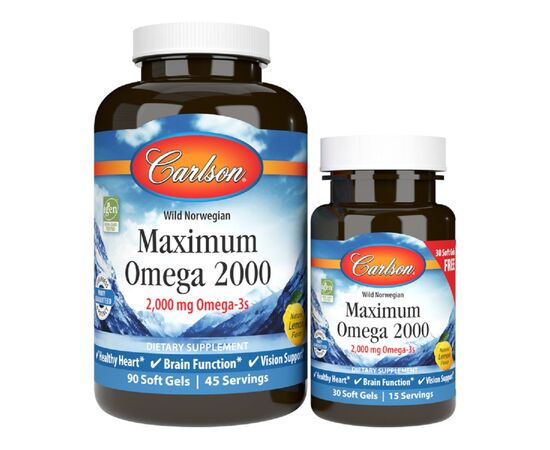 Жирные кислоты Carlson Омега Максимум 2000, Вкус Лимона, Maximum Omega 2000, 90+30 (CL17240)