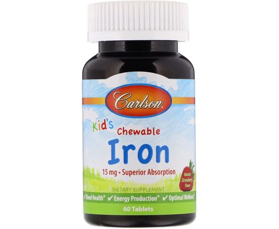 Минералы Carlson Железо Детское, 15 мг, вкус клубники, Kid's Chewable Iron, 60 жеват (CAR-55940)