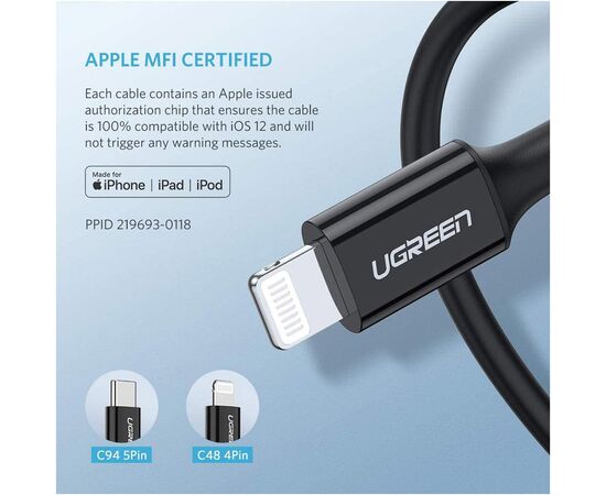 Дата кабель USB-C to Lightning 1.0m US1713A Nickel Plating ABS Shell Black Ugreen (60751), изображение 3