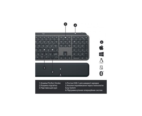 Клавиатура Logitech MX Keys Plus Advanced Wireless Illuminated with Palm Rest UA Graphit (920-009416), изображение 6 Клавиатура Logitech MX Keys Plus Advanced Wireless Illuminated with Palm Rest UA Graphit (920-009416), изображение 6
