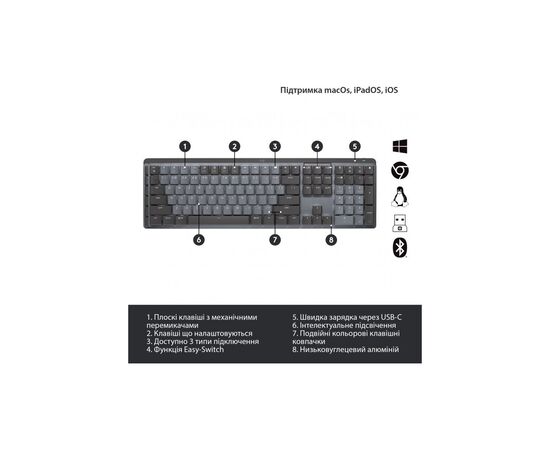 Клавиатура Logitech MX Mechanical Wireless Illuminated Performance UA Graphite (920-010759), изображение 6 Клавиатура Logitech MX Mechanical Wireless Illuminated Performance UA Graphite (920-010759), изображение 6
