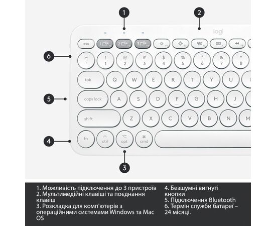Клавиатура Logitech K380 for MAC Multi-Device Bluetooth UA Off-White (920-010407), изображение 6 Клавиатура Logitech K380 for MAC Multi-Device Bluetooth UA Off-White (920-010407), изображение 6