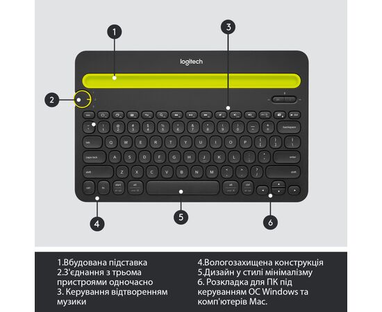 Клавиатура Logitech K480 Multi-Device Bluetooth UA Black (920-006366), изображение 6 Клавиатура Logitech K480 Multi-Device Bluetooth UA Black (920-006366), изображение 6