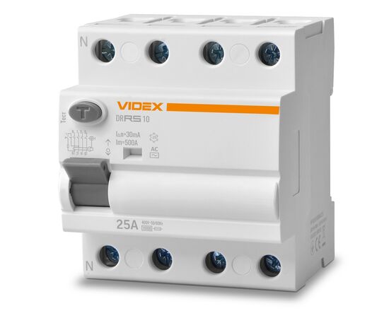 Автоматичний вимикач Videx RESIST АС 4п 30мА 10кА 25А (VF-RS10-DR4AC25)