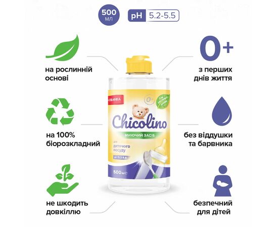Средство для ручного мытья посуды Chicolino для детской посуды 500 мл (4823098413721), изображение 2 Средство для ручного мытья посуды Chicolino для детской посуды 500 мл (4823098413721), изображение 2