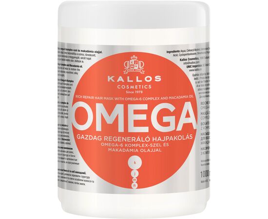 Маска для волос Kallos Cosmetics Omega Восстанавливающая с комплексом Омега-6 и маслом макадамии 1000 мл (5998889511524)