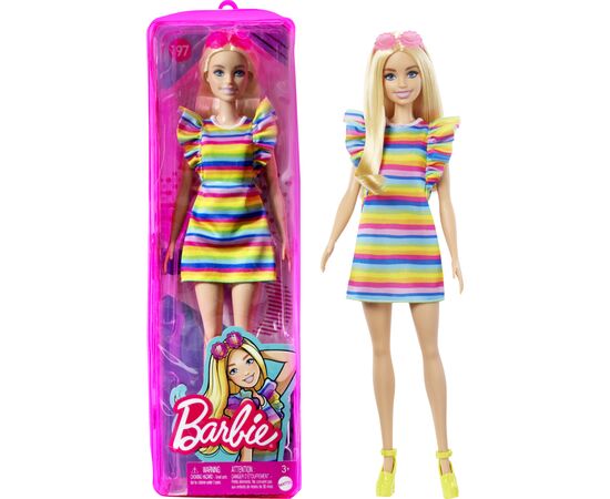 Лялька Barbie Модниця з брекетами у смугастій сукні (HJR96)
