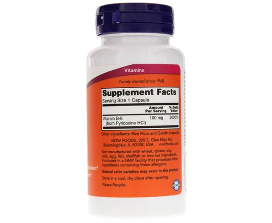 Витамин Now Foods Витамин В6 (Пиридоксин), Vitamin B6, 100 мг, 100 капсул (NF0456), изображение 2