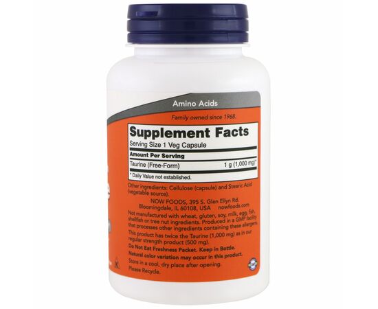 Аминокислота Now Foods Таурин 1000мг, 100 вегетарианских капсул (NOW-00142), изображение 2 Аминокислота Now Foods Таурин 1000мг, 100 вегетарианских капсул (NOW-00142), изображение 2