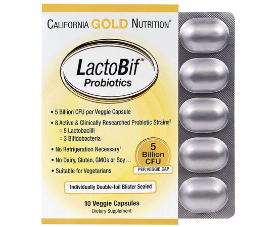 Пробиотики California Gold Nutrition Пробиотики LactoBif, Probiotics, 5 млрд КОЕ, 10 овощных кап (CGN-00964)