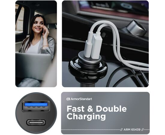 Зарядное устройство Armorstandart Car USB Type-C PD20W + USB QC 3.0 Grey (ARM65439), изображение 2 Зарядное устройство Armorstandart Car USB Type-C PD20W + USB QC 3.0 Grey (ARM65439), изображение 2