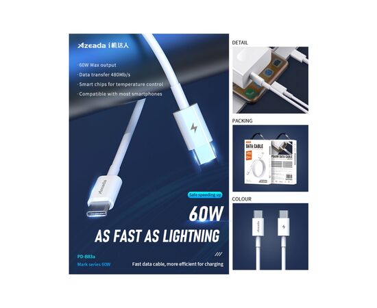 Дата кабель USB-C to USB-C 1.0m PD-B83a 60W Proda (PD-B83a-WHT), изображение 4 Дата кабель USB-C to USB-C 1.0m PD-B83a 60W Proda (PD-B83a-WHT), изображение 4