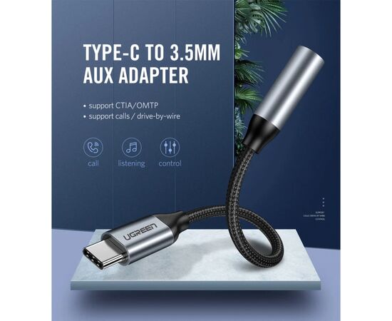 Переходник Ugreen Type-C M to 3.5mm F Audio Adapter 10 сm AV142 (Gray) (30632), изображение 2 Переходник Ugreen Type-C M to 3.5mm F Audio Adapter 10 сm AV142 (Gray) (30632), изображение 2