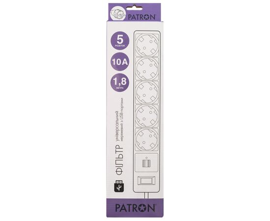 Сетевой фильтр питания Patron 1.8m + 2 USB 2.0, 2.1A, 5 роз. White (EXT-PN-SP-52-USB-W), изображение 2 Сетевой фильтр питания Patron 1.8m + 2 USB 2.0, 2.1A, 5 роз. White (EXT-PN-SP-52-USB-W), изображение 2