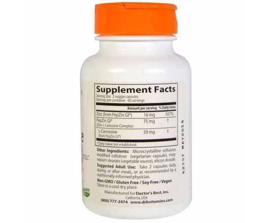 Минералы Doctor's Best Цинк Карнозин Комплекс, PepZin, 120 гелевых капсул (DRB-00136), изображение 2 Минералы Doctor's Best Цинк Карнозин Комплекс, PepZin, 120 гелевых капсул (DRB-00136), изображение 2