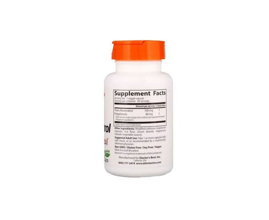 Антиоксидант Doctor's Best Ресвератрол, Trans-Resveratrol, 100 мг, 60 гелевых капсул (DRB-00171), изображение 2 Антиоксидант Doctor's Best Ресвератрол, Trans-Resveratrol, 100 мг, 60 гелевых капсул (DRB-00171), изображение 2