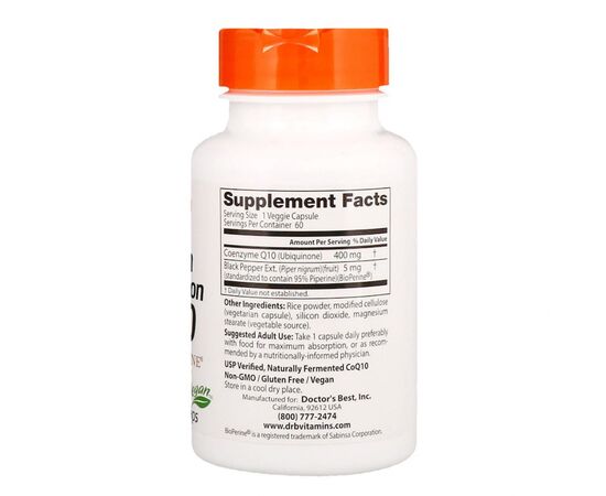 Антиоксидант Doctor's Best Коэнзим Q10 Высокой Абсорбации 400 мг, BioPerine, 60 желат (DRB-00157), изображение 2