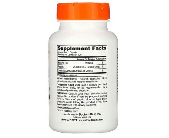 Витаминно-минеральный комплекс Doctor's Best Бетаин HCL и Пепсин, Betaine HCL & Pepsin, 120 капсул (DRB-00163), изображение 2 Витаминно-минеральный комплекс Doctor's Best Бетаин HCL и Пепсин, Betaine HCL & Pepsin, 120 капсул (DRB-00163), изображение 2