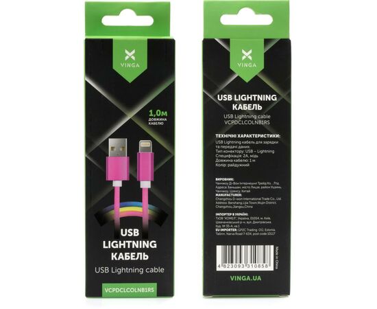 Дата кабель USB 2.0 AM to Lightning 1.0m rainbow nylon Vinga (VCPDCLCOLNB1RS), зображення 4
