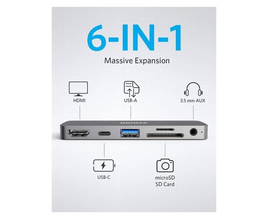 Концентратор Anker PowerExpand Direct 6-in-1 USB-C PD Media Hub (Gray) (A83620A1), изображение 2 Концентратор Anker PowerExpand Direct 6-in-1 USB-C PD Media Hub (Gray) (A83620A1), изображение 2