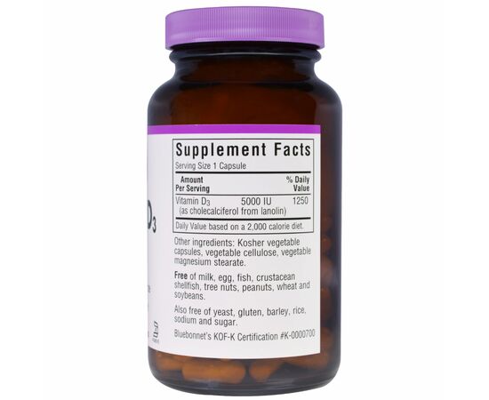 Витамин Bluebonnet Nutrition Витамин D3 5000IU, 120 вегетарианских капсул (BLB-00369), изображение 2 Витамин Bluebonnet Nutrition Витамин D3 5000IU, 120 вегетарианских капсул (BLB-00369), изображение 2