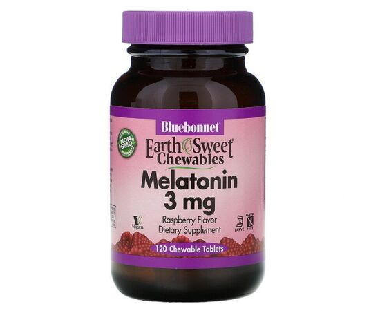 Амінокислота Bluebonnet Nutrition Мелатонін, Melatonin, 3 мг, EarthSweet, Малиновий Смак, 120 (BLB-00994)