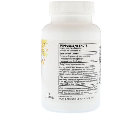 Травы Thorne Research Фитосома Куркумина, Meriva-SF, Curcumin Phytosome, 120 Капс (THR-00484), изображение 2 Травы Thorne Research Фитосома Куркумина, Meriva-SF, Curcumin Phytosome, 120 Капс (THR-00484), изображение 2