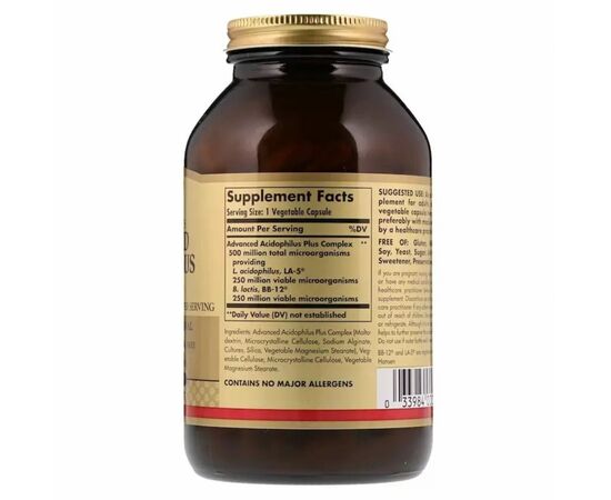 Пробіотики Solgar Пробіотик, Advanced Acidophilus Plus, 60 вегетаріанських кап (SOL00014), зображення 2