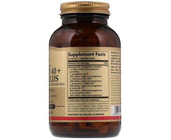 Пробіотики Solgar Пробіотик, Advanced 40+ Acidophilus, 60 капсул (SOL00027), зображення 2 Пробіотики Solgar Пробіотик, Advanced 40+ Acidophilus, 60 капсул (SOL00027), зображення 2