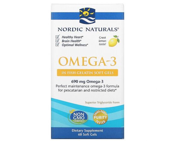 Жирные кислоты Nordic Naturals Омега-3, Вкус Лимона, Omega-3, Lemon, 1000 мг, 60 гелевых к (NOR41760)