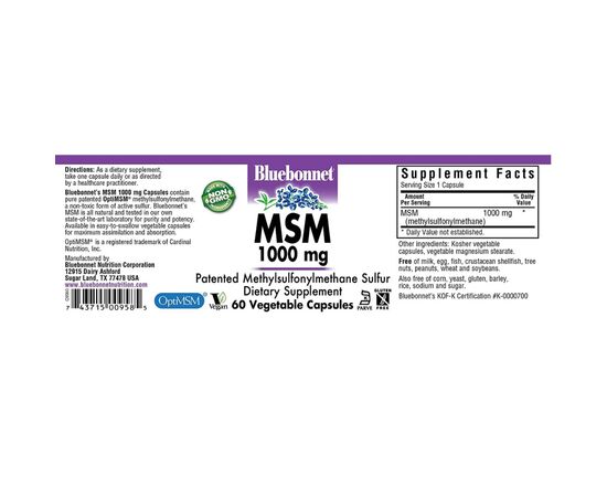 Минералы Bluebonnet Nutrition МСМ 1000 мг, MSM, 60 вегетарианских капсул (BLB0958), изображение 2 Минералы Bluebonnet Nutrition МСМ 1000 мг, MSM, 60 вегетарианских капсул (BLB0958), изображение 2