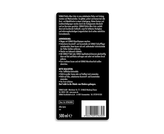 Автополироль Sonax Polish Wax Color NanoPro 500мл (296300), изображение 2 Автополироль Sonax Polish Wax Color NanoPro 500мл (296300), изображение 2